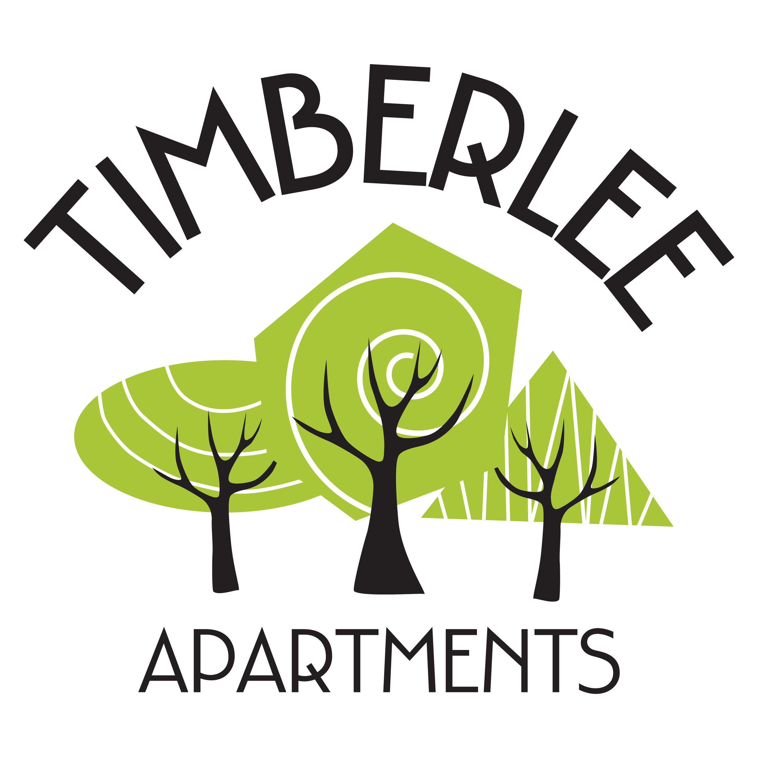 Timberlee Apartments logo with trees and a spiral design.
